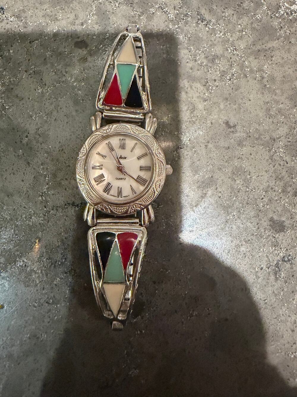 Collezio Southwest Inlay Watch Sterling Silver Mother of Pearl Dial Women’s